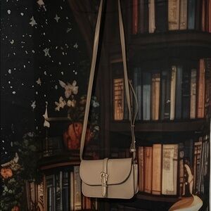 Anne Klein Taupe Crossbody Saddle Bag with Buckle Accent